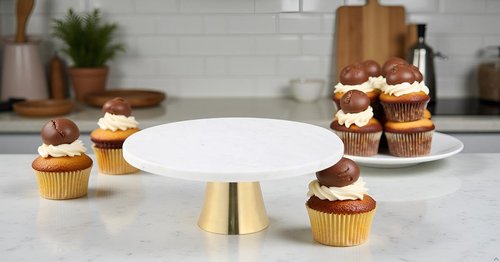 Cruiser’s Caché 12-Inch Marble Cake Stand | Natural White Marble with Gold Base | Round Dessert Stand, Cupcake Stand for Birthday Parties, Weddings, Baby Showers | White and Gold