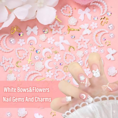 AnoleAir White Assorted Nail Charms Acrylic Bows Flowers Pearls and Gold Rivets