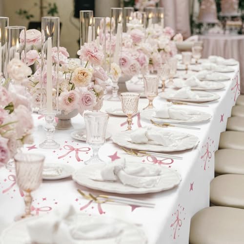 YTHETM 2-Pack Pink Bow Tablecloths - 54 x 108 Inches for Parties