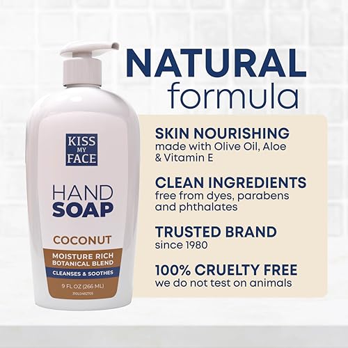 Kiss My Face Coconut Hand Soap - Moisturizing Liquid Soap with Coconut Water & Yarrow - 9 fl oz