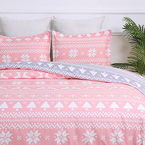 King Size Reversible Microfiber Duvet Cover Set with Zipper & Corner Ties - Pink & Grey
