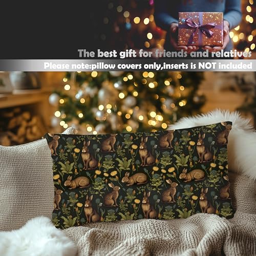 Rustic Dark Floral Rabbit Pillow Cover Botanical Bunny Cushion Cover