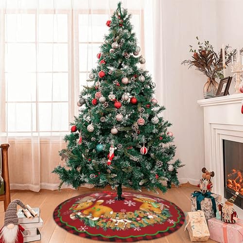 Buffalo Check Christmas Tree Skirt - 36 Inch Gingerbread Man Holiday Mat