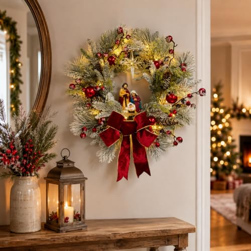 Lighted Christmas Wreath with Nativity Scene - 22 Inch Holiday Decor