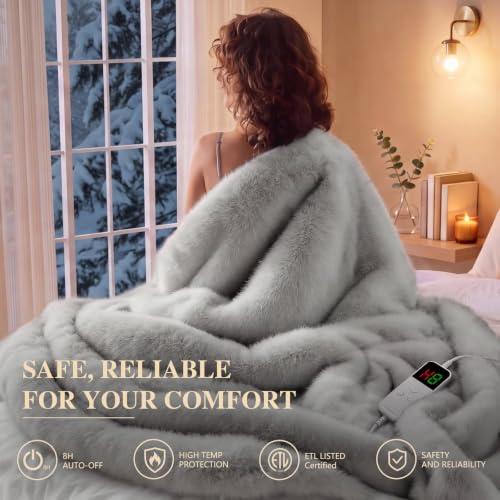 Faux Fur Heated Electric Blanket Full Size White Plush Cozy Throw 68x84"