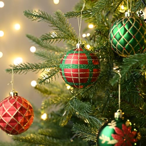 Christmas Tree Ornaments Set - Red Green Gold Large 3.2 Inch - 16pcs Holiday Decor