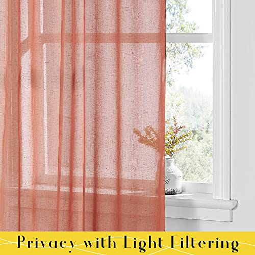 NICETOWN Burnt Orange Linen Sheer Curtains 84 inch Long 2 Panels, Adjustable Tie Top DIY Crafted Semi Sheer Linen Drapes Privacy with Light Filtering for Bedroom/Living Room, W52 x L84