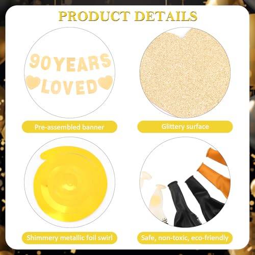 90th Birthday Decorations Set - Gold Banner, Balloons & Swirls