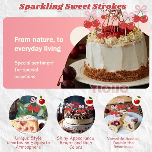 Cherry Cupcake Toppers - Glitter Bow Cake Picks for Parties (24 Pack)