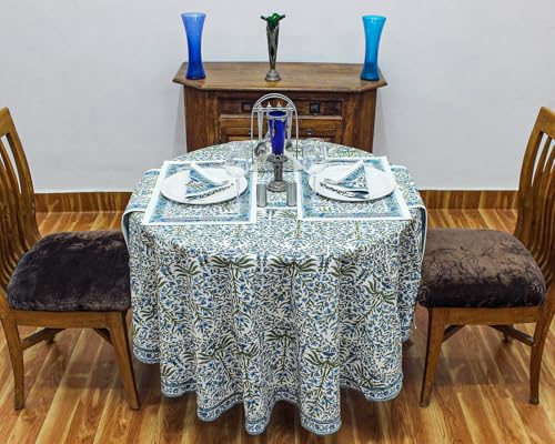 Woodland 110 Inch Round Hand Block Printed Cotton Tablecloth - Blue & White Floral