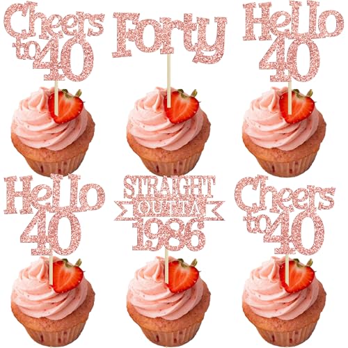 Ephlyn 24Pcs Rose Gold 40th Birthday Cupcake Toppers Glitter Picks