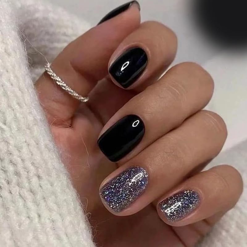 EternalClassic Short Square Press on Nails Kit - 96 Pcs Glossy Acrylic Fake Nails with Glitter Designs