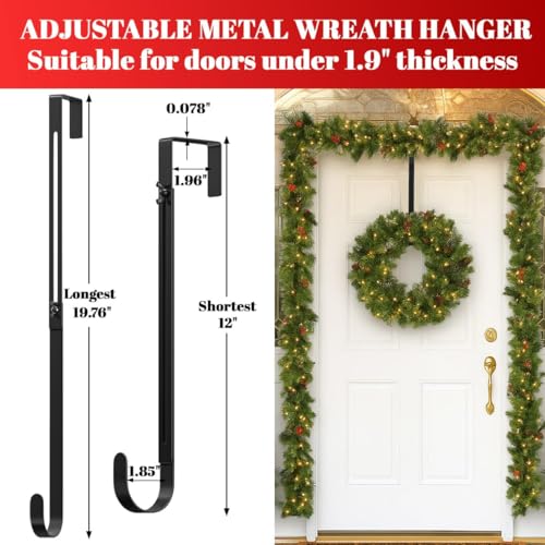 Adjustable Metal Wreath Hanger for Front Door, 12-20" Black Over-the-Door Hook