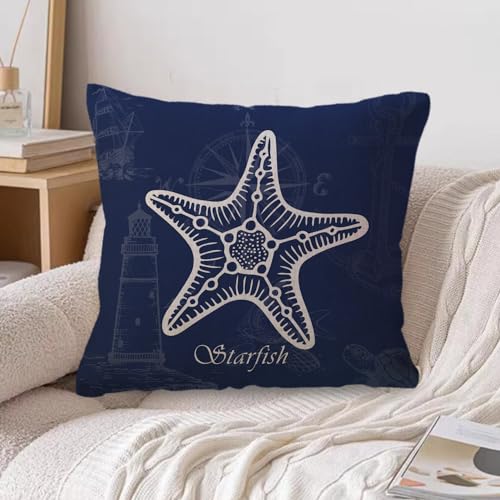 Coastal Decorative Pillow Covers 18x18, Blue Nautical Seahorse Starfish - 2 Pack