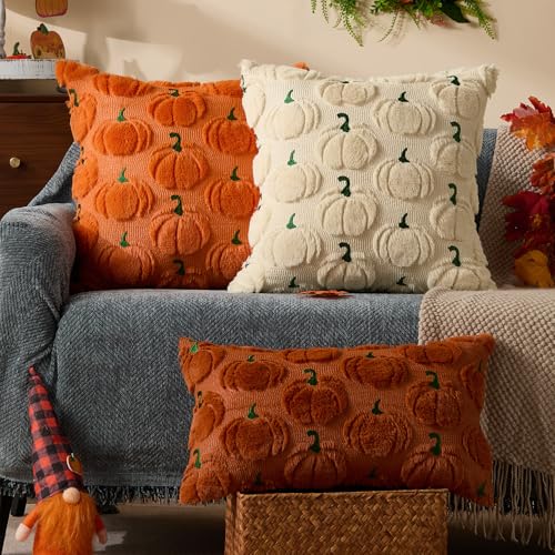 Beige Fall Pillow Covers 18x18 (Set of 2) - Plush Pumpkin Design