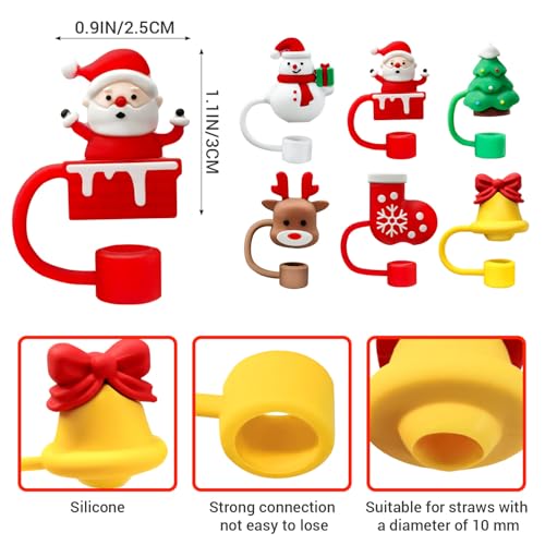 Christmas Reusable Straw Cover Caps for 30oz & 40oz Tumblers - Santa, Elk & Jingle Bell Designs - Pack of 6