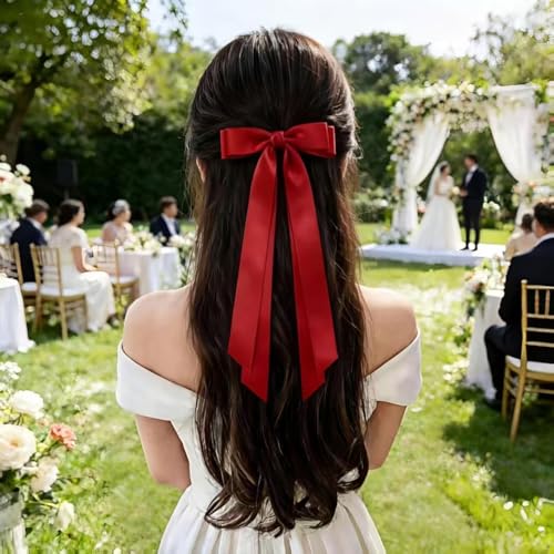Silky Satin Hair Bows with Long Tails - 2 Pack Red & Black Hair Clips