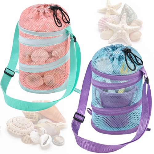 Kids Mesh Beach Bag Set Pink & Blue - Sea Shell & Travel Storage for Kids