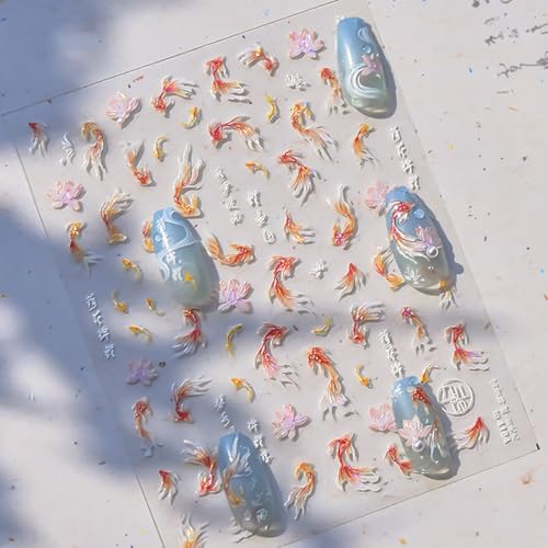 5D Embossed Goldfish Nail Stickers Self-Adhesive Koi Fish Chinese Style Manicure Decals