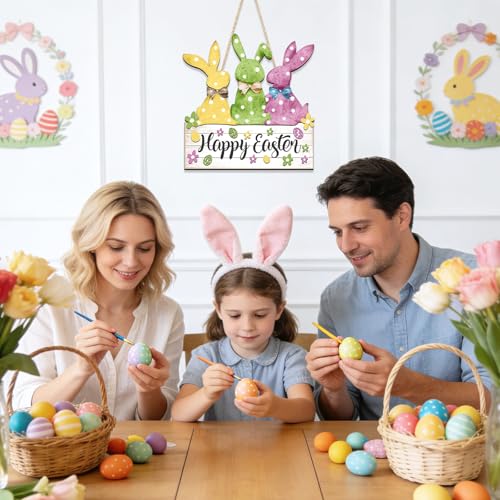 Wooden Easter Bunny Door Sign for Front Door Wall Hanging Decor 11.2x11.8