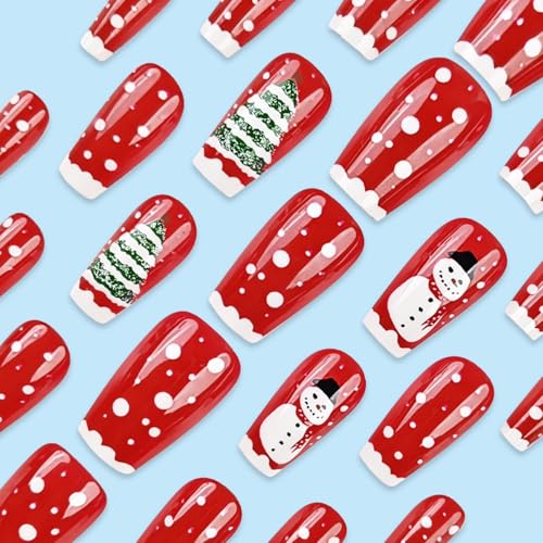Christmas Snowman Press on Nails French Tip Glossy Red Fake Nails