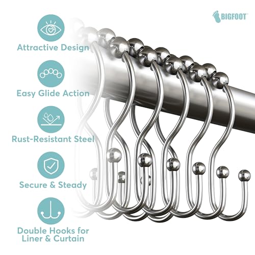 BigFoot Double Shower Curtain Hooks - Rust-Resistant Stainless Steel, Nickel