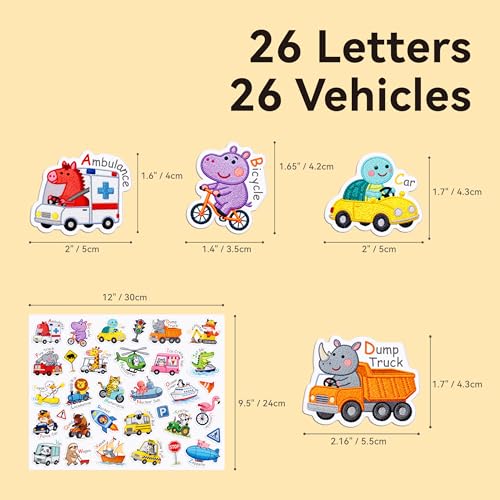 Dohoho 33 PCS Car Window Clings for Kids - Reusable ABC Vehicle Stickers for Cars, Doors, Windows - Classroom & Nursery Decor (Car)