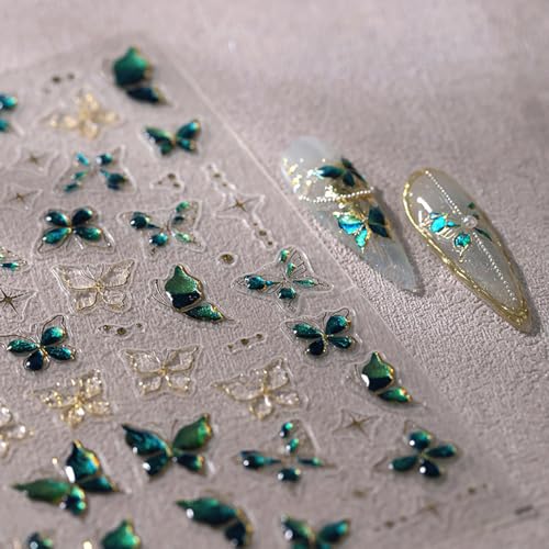 5D Embossed Green Gold Butterfly Nail Stickers Self-Adhesive Nail Decals