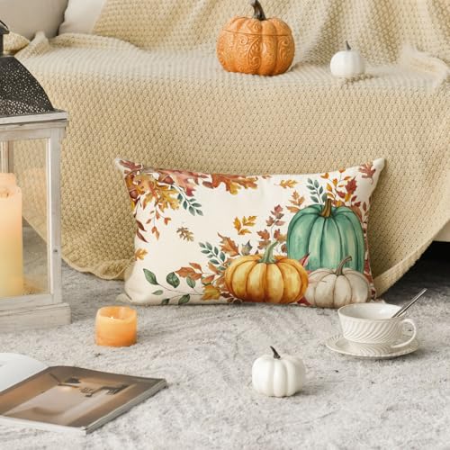 Fall Pumpkin Maple Leaves Pillow Cover 12 x 20 Inch