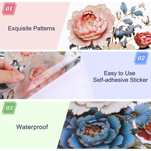 DRWSSR Gold Peony Butterfly Toilet Seat Lid Stickers - Removable Bathroom Decals (Set of 3)