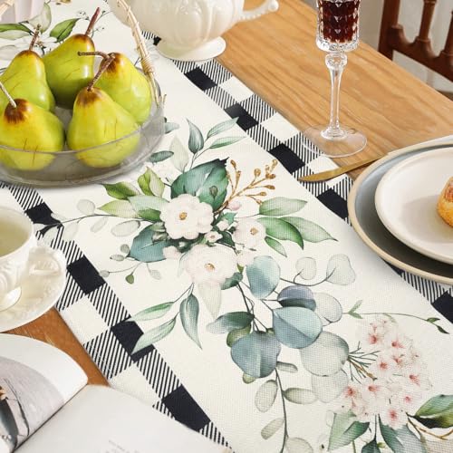 Bonhause Eucalyptus Leaves Table Runner 13x72 Inch - Black White Plaid