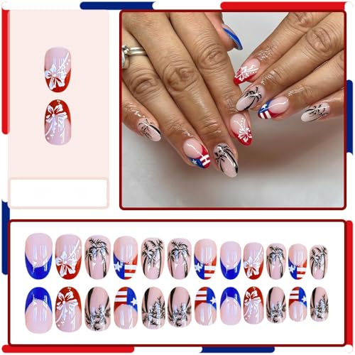 Independence Day Press on Nails Short Almond French Tip Fake Nails