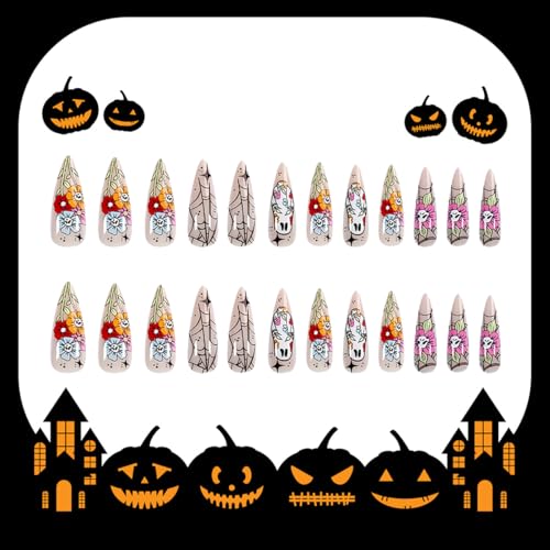 Halloween Press on Nails Almond Shape Ghost Spider Web False Nails Kit