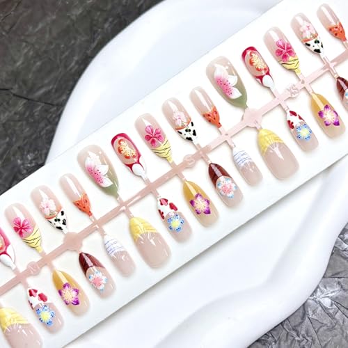 YKZFUI 30pcs Medium Almond Press On Nails with 3D Floral French Design