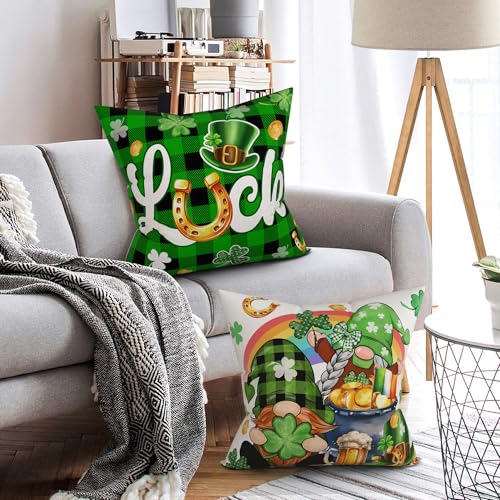 St. Patrick's Day Linen Pillow Covers 18x18, Shamrock Clover Set of 4