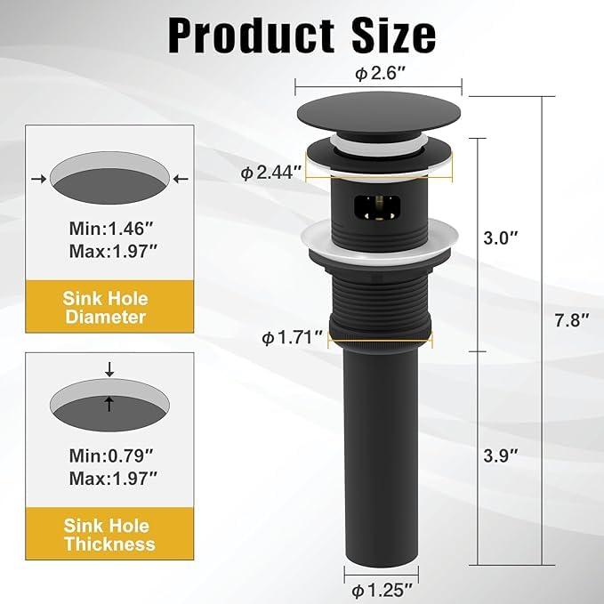 Matte Black Pop Up Drain Stopper for Bathroom Sinks - ZM