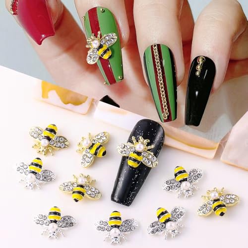 COOSLIM Gold Bee Nail Art Charms - 10Pcs 3D Alloy Rhinestone Crystal Jewels