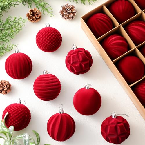 24 Pc Christmas Red Burgundy Velvet Ball Ornaments - 2.76 Inch Flocked Holiday Decor