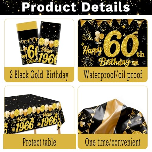 60th Birthday Tablecloth 2-Pack, Black and Gold Disposable Party Table Cover