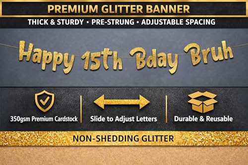 Pre-Strung Gold Glitter 15th Birthday Banner - Fun Party Decoration