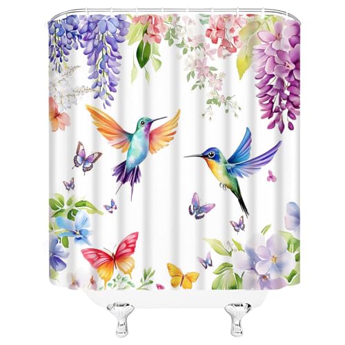 Watercolor Flowers Hummingbird Shower Curtain 70" x 70"