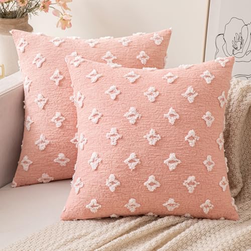 MIULEE 18x18 Inch Pink Throw Pillow Covers, Set of 2 Rhombic Jacquard