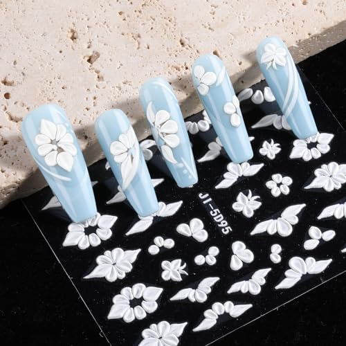 5D Embossed Flower Nail Art Stickers - White Floral Butterfly Decals