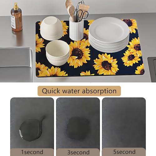 Sunflower Dish Drying Mat - Absorbent Rubber Kitchen Mat (12x16in)