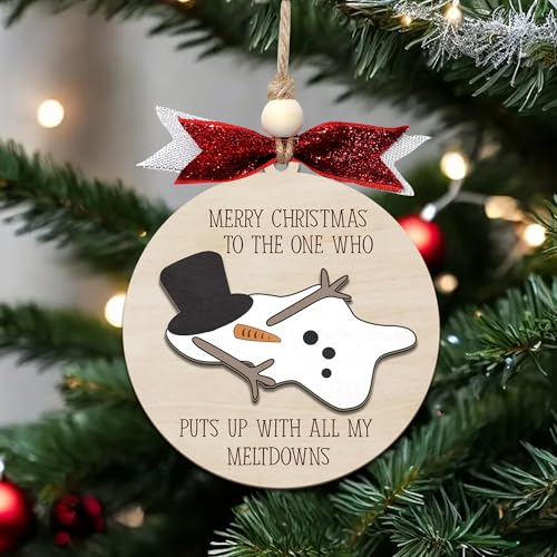 Funny Snowman Christmas Ornament - Wooden Round Holiday Decoration