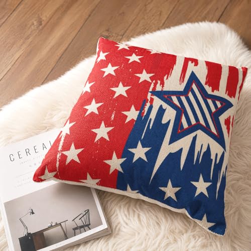 Patriotic 18x18 Linen Pillow Covers Set of 4 - Stars & Stripes