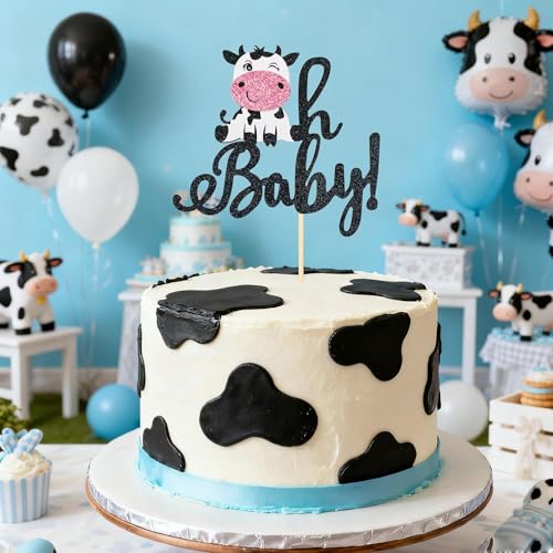 Cow Theme 'Oh Baby!' Cake Topper - Black Glitter Baby Shower Decoration