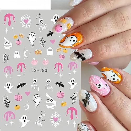 LETSWIN 3D Halloween Nail Stickers - Self-Adhesive Ghost, Bat & Pumpkin Art Decals