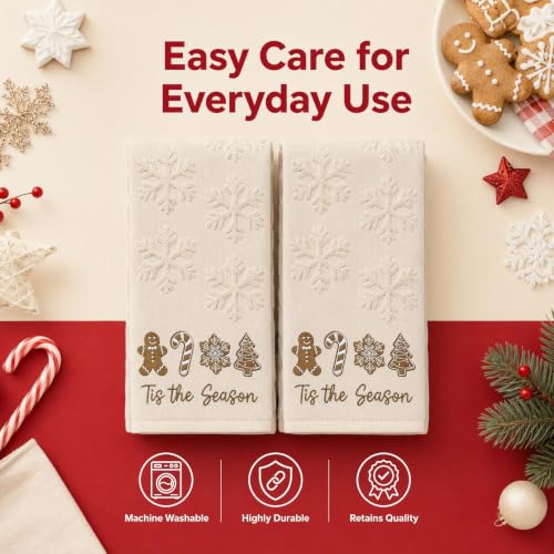 Christmas Hand Towels Set - Grey Snowflake & Embroidered Snowman, 2 Pack, Cotton, Beige Gingerbread Man Variation