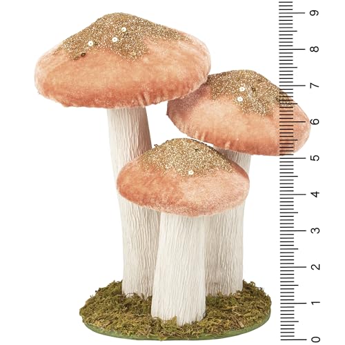 Primitives by Kathy Mushroom Trio Sitter, pink foam mushrooms uniquely detailed/velvet glitter accents/natural foliage detail base/nature themed home accent for seasonal/everyday/garden decor/gfitable